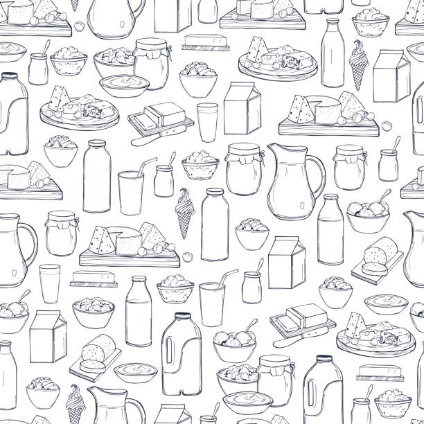 молочная пища.  вектор бесшовный шаблон. - milk bottle illustrations stock illustrations