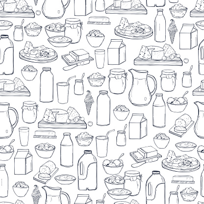 Milk food. Butter, cheese, sour cream, yogurt and cream on a white background. Vector seamless pattern.