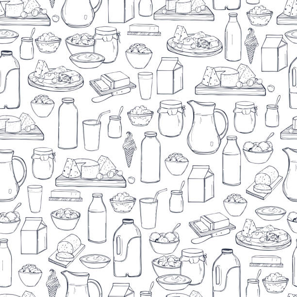 Milk food.  Vector seamless pattern. Milk food. Butter, cheese, sour cream, yogurt and cream on a white background. Vector seamless pattern. drinking glass illustrations stock illustrations