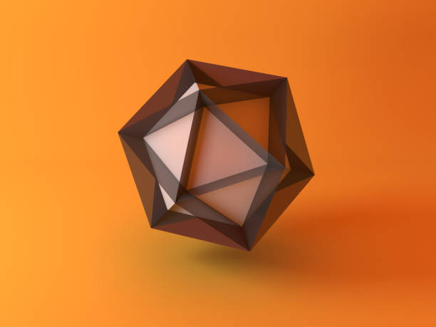 Abstract geometric installation, shiny black white Icosahedron crystal over yellow background. 3d rendering illustration