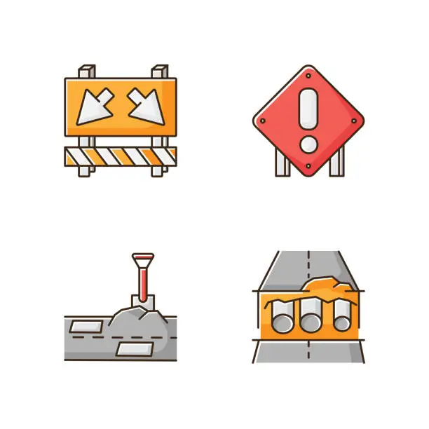 Vector illustration of Road works RGB color icons set. Traffic sign for cars to take detour. Attention roadsign. Patching paving. Pipe replacement. Civil engineering and construction. Isolated vector illustrations