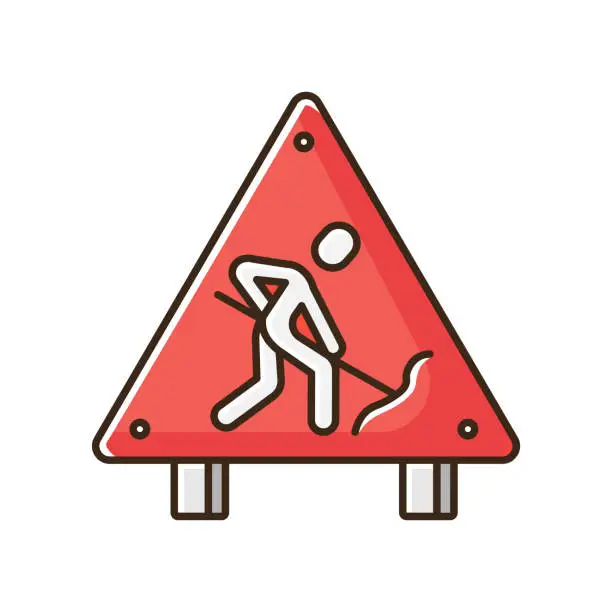 Vector illustration of Roadsign RGB color icon. Road works ahead sign. Man digging with shovel. Attention plate for street block. Repair and unfinished construction. Closed highway. Isolated vector illustration