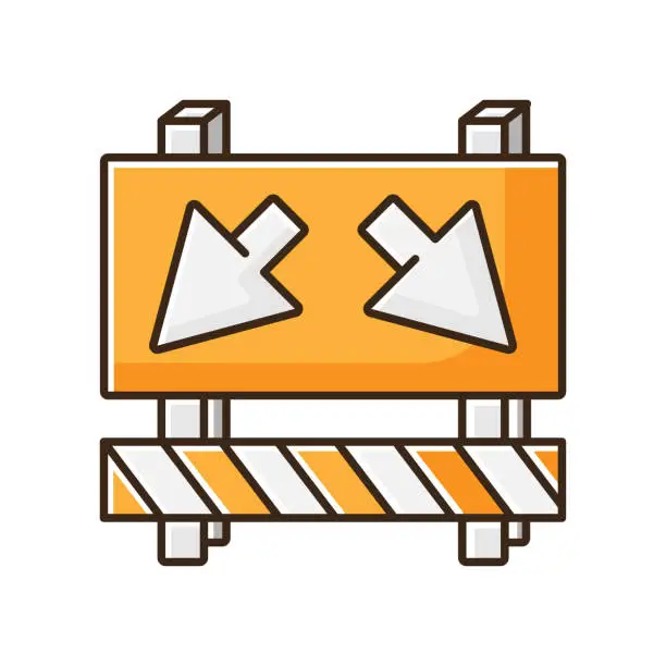 Vector illustration of Detour RGB color icon. Road works ahead sign. Roadsign to change route. Roadblock on street with arrows. Take roundabout on highway. Caution of obstacle. Isolated vector illustration