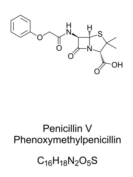 ilustraciones, imágenes clip art, dibujos animados e iconos de stock de phenoxymethylpenicin, estructura química y fórmula esquelética de penicilina v - penicillin