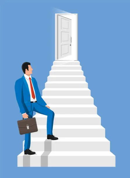 Vector illustration of Businessmen walk up stairs to the door.
