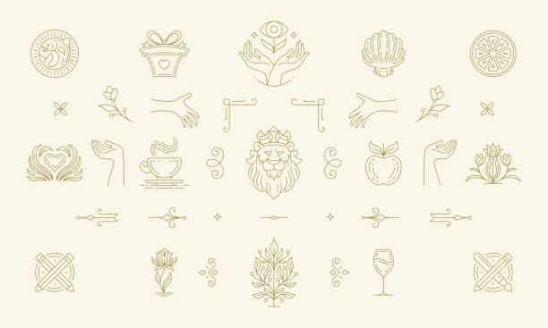 Vector line women decoration design elements set - flowers and gesture hands illustrations simple minimal linear style Vector line women decoration design elements set - flowers and gesture hands illustrations simple minimal linear style. Bundle mystical outline graphics for logo emblems and product packaging simple cat line art stock illustrations