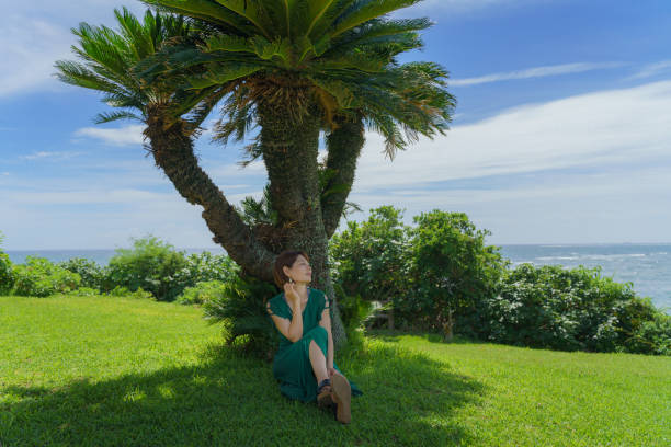 An Asian woman soothed by blue skies and nature