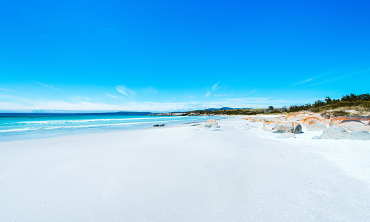 White sand at the Bay of Fires beach on the east coast of Tasmania, Australia.