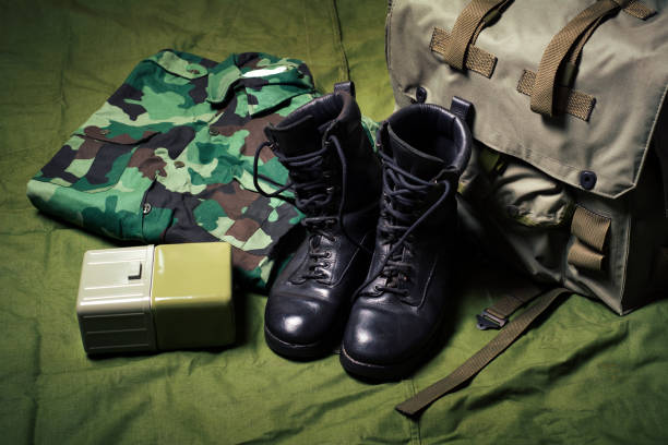 Vintage military equipment on a army tent fabric