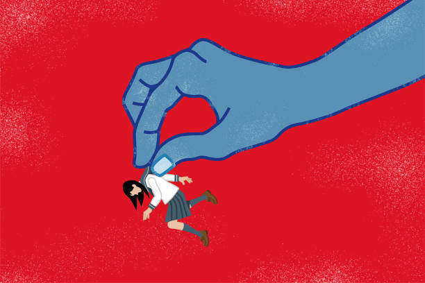 japońska uczennica, która jest uszczypnięta przez ogromną rękę - grafika koncepcyjna power harassment - exclude stock illustrations