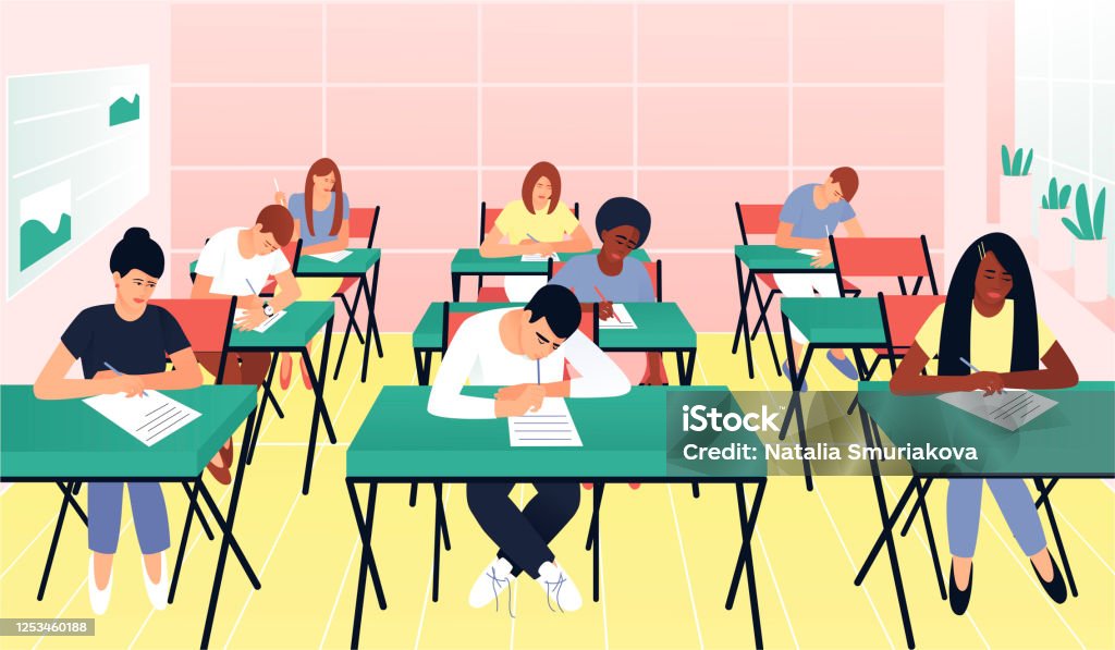 Les étudiants écrivent un examen d’essai dans une belle salle de classe - clipart vectoriel de Examen libre de droits Les étudiants écrivent un examen d’essai dans une belle salle de classe - clipart vectoriel de Examen libre de droits