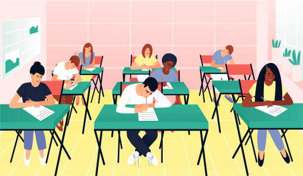 Students write a test exam in a beautiful classroom Students write a test exam in a beautiful classroom. Learning concept. Teenagers with different skin colors. Exam test. Test question. Flat vector cartoon illustration. primary school exams stock illustrations