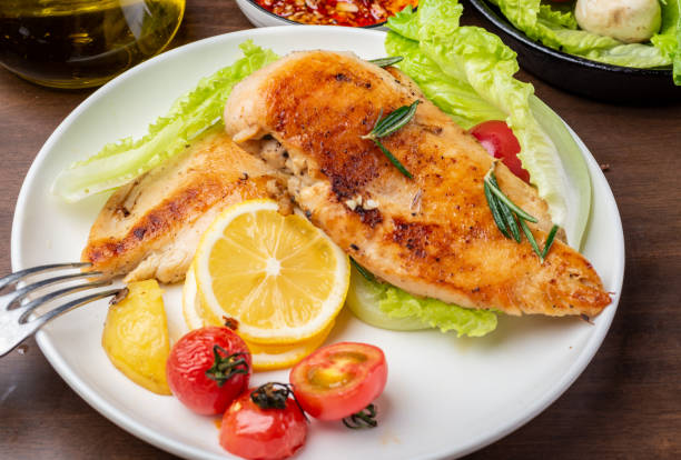 istock Grilled chicken breast and vegetable salad on the plate 1253460467