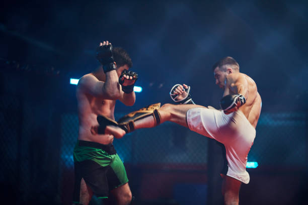 istock MMA fighters training in octagon. High kick 1253460635