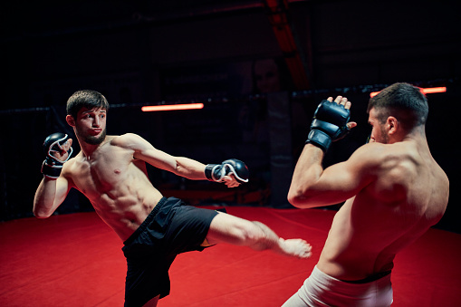 Two muscular men fighting, bodybuilders punching each other, training in martial arts, boxing, jiu jitsu and mma