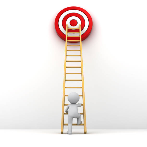 istock 3D Man climbing ladder to the red goal target 1253462247