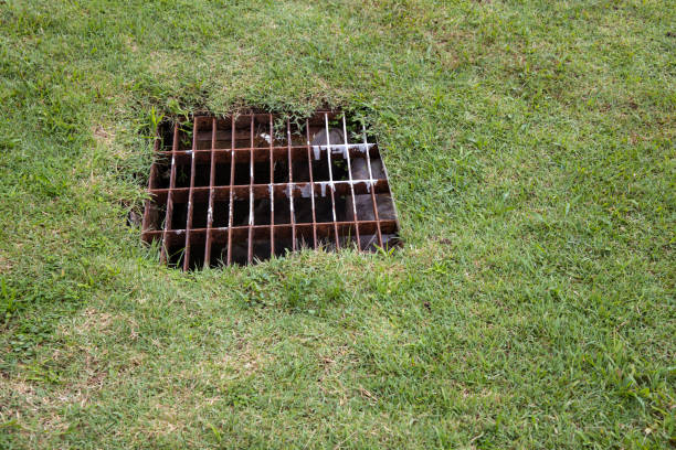 istock Rusty sewer grate on green grass field background at a park. 1253462255