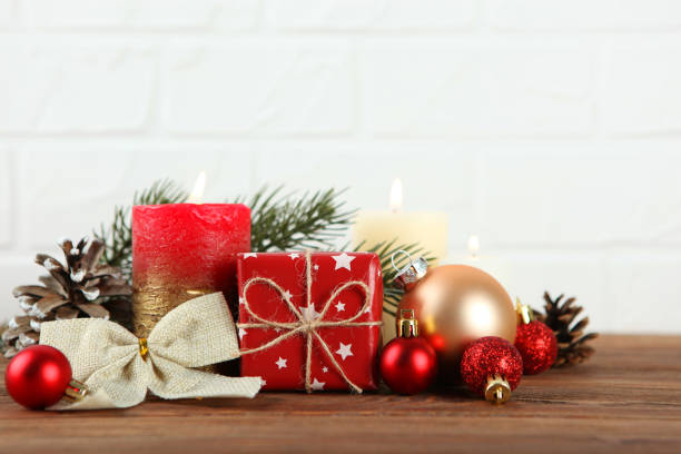istock Festive Christmas background. Christmas decor on a colored background side view, place to insert text 1253462302