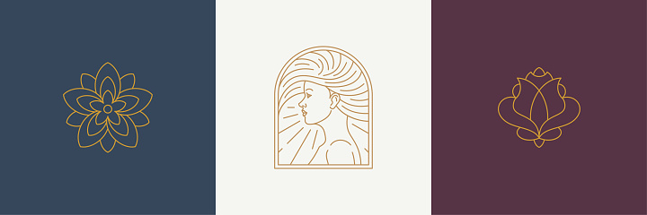 Vector line decoration design elements set - female face and rose illustrations simple linear style. Collection trendy outline graphics for logo emblem cosmetics brand and beauty salon
