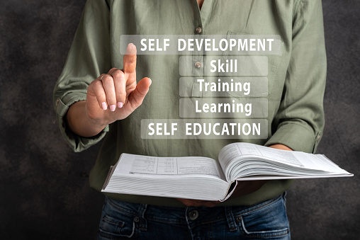 Self development, education, learnig, training skill. Woman are clicking virtual screen