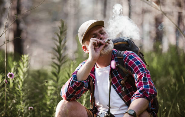 bearded mature man smoking medical marijuana in nature. - backpack one mature man only only mature men one man only imagens e fotografias de stock