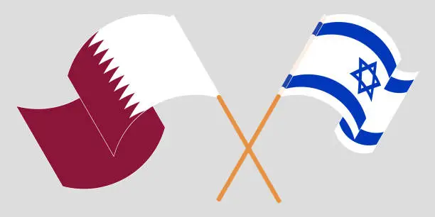 Vector illustration of Crossed and waving flags of Israel and Qatar
