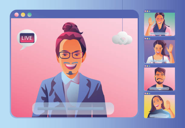 ilustrações de stock, clip art, desenhos animados e ícones de businessmen use video conference landing. people on window screen taking with colleagues. videoconferencing and online meeting workspace page, man and woman learning. vector illustration, flat - vfr