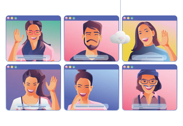 ilustrações de stock, clip art, desenhos animados e ícones de businessmen use video conference landing. people on window screen taking with colleagues. videoconferencing and online meeting workspace page, man and woman learning. vector illustration, flat - vfr