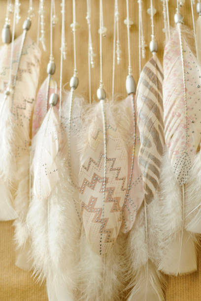 istock Closeup details dreamcatcher with painted silver light pink feathers on craft paper background 1253471063