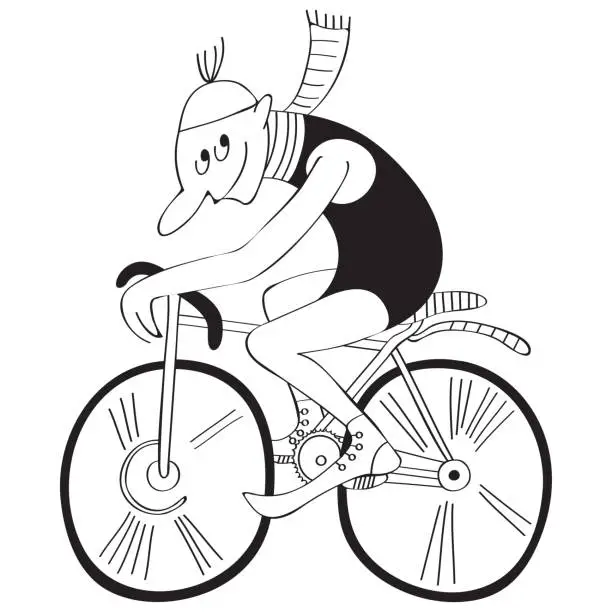 Vector illustration of Bicyclist in old-fashioned style. Black and white drawing