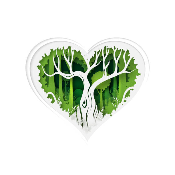 kształt serca zielonej dżungli tropikalny las deszczowy krajobraz krajobraz tle papieru styl sztuki. - heart shape grass paper green stock illustrations