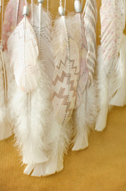 istock Closeup details dreamcatcher with painted silver light pink feathers on craft paper background 1253472459