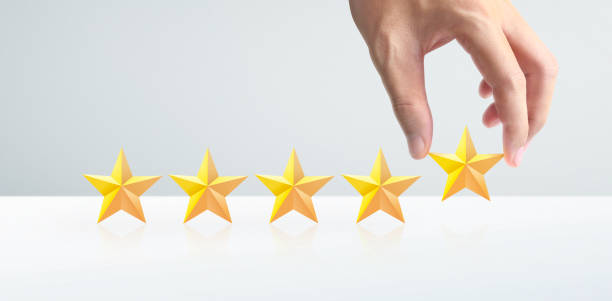 istock Hand of touching rise on increasing five stars. Increase rating evaluation classification concept 1253472716