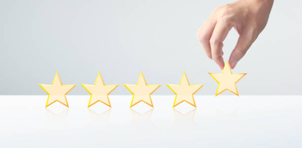 istock Hand of touching rise on increasing five stars. Increase rating evaluation classification concept 1253472724
