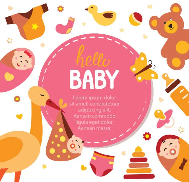 Vector illustration of Cute colorful baby background for baby birth, baby shower greeting cards.