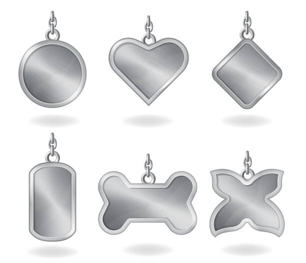 Realistic metal silver tags different shapes Set of metal dog tags with chain, isolated on white background. Vector realistic template of steel fobs or id badges different shapes. Silver empty personalised medallion, identification label. locket stock illustrations