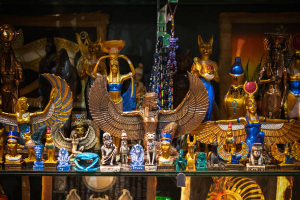 Selection of ancient Egyptian decorative figures on display at Camden market in London London, UK - 12 September, 2019 - Selection of ancient Egyptian decorative figures on display at Camden market camden stables market stock pictures, royalty-free photos & images