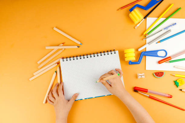 istock Various school supplies on orange background ready for your design. Back to school concept. 1253474066