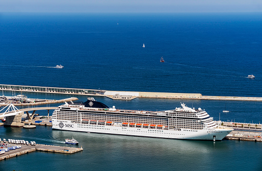 Marseille, France - May 29, 2023: View of the MSC Grandiosa cruise ship, part of the MSC Cruises line, calling at the port of Marseille.