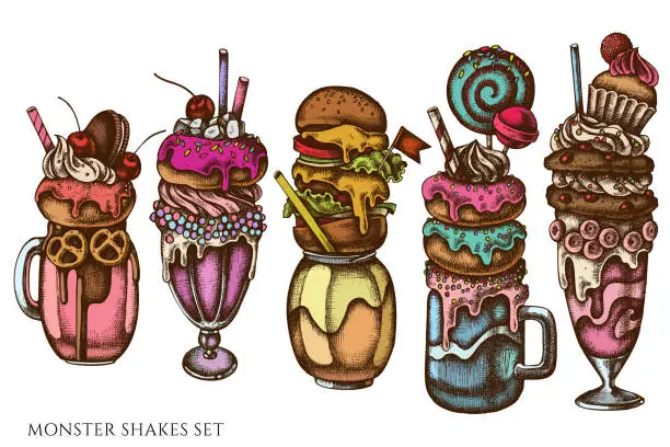 Vector illustration of Vector set of hand drawn colored  monster shakes, burger monster shake