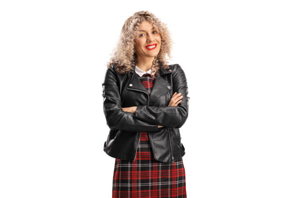 istock Blond female with a curly hair and a black leather jacket 1253475796