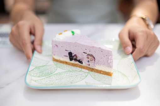 Young asian woman holding a plate with blueberry cheesecake