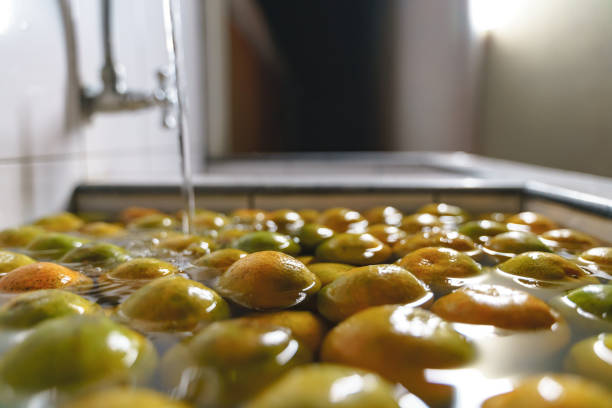 istock Washing dirty oranges with stains and dark spot 1253477593