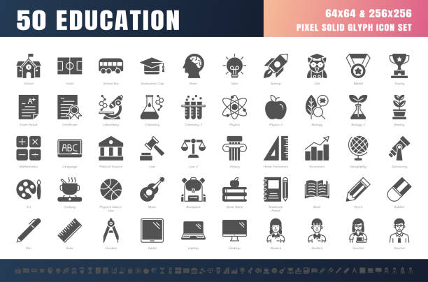 ilustraciones, imágenes clip art, dibujos animados e iconos de stock de vector de 50 educación y tema escolar sólido conjunto de iconos de glifo. 64x64 y 256x256 píxeles. - major