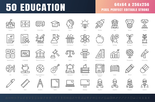 Vector of 50 Education and School Subject Line Outline Icon Set. 64x64 and 256x256 Pixel Perfect Editable Stroke. Vector.