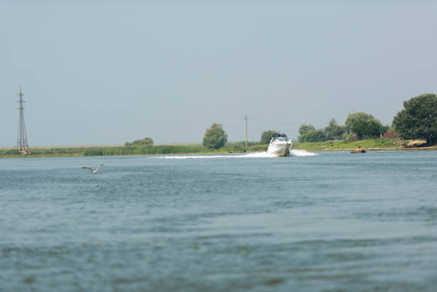 August 2016 - Boat on Danube river,  Danube delta area,  Romania,  in a sunny summer day; outdoors
