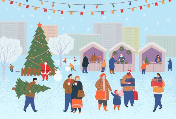 jarmark świąteczny, jarmark bożonarodzeniowy w dzień w parku lub na rynku miejskim z ludźmi, kioskami i choinką. ludzie chodzą, kupują prezenty, piją kawę, jeżdżą na łyżwach. płaska ilustracja wektorowa z kreskówek - christmas market stock illustrations