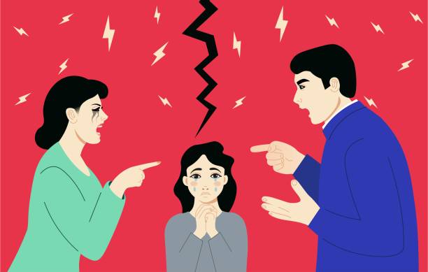 istock Man and woman having an argument on the ripping background with lightnings striking above their heads. Another quarrel before the divorce.The crying child standing between divorcing parents. Flat vect 1253487939