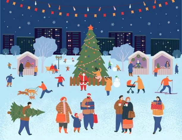 Vector illustration of Holiday fair, christmas in the park. Big set of people in winter. People walking, buying gifts, drinking coffee, skating, skiing, making a snowman, walking dogs.  Flat cartoon vector illustration.