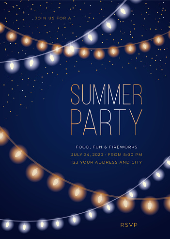 Summer Party Invitation Template with String Lights. Stock illustration